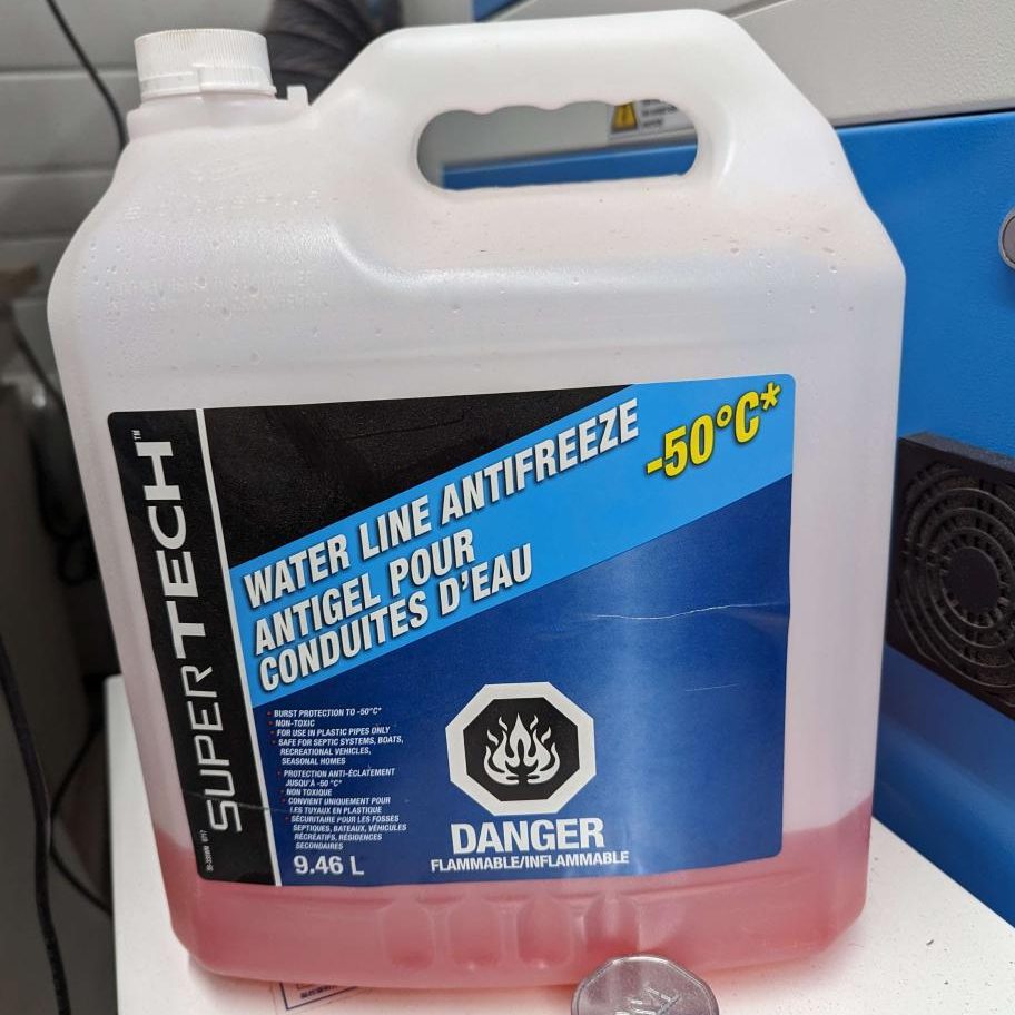 a jug of rv antifreexe Super Tech waterline antifreeze. Can be used as laser cutter antifreeze. Buy at Canadian Tire