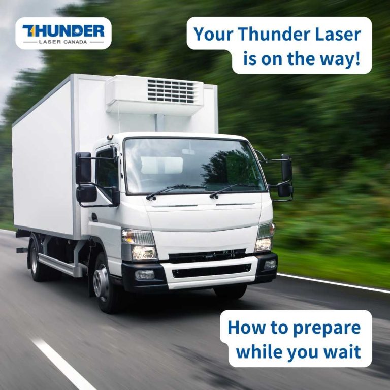 a blog cover image of a truck and overlaid text your thunder laser is on the way with the Thunder Laser logo