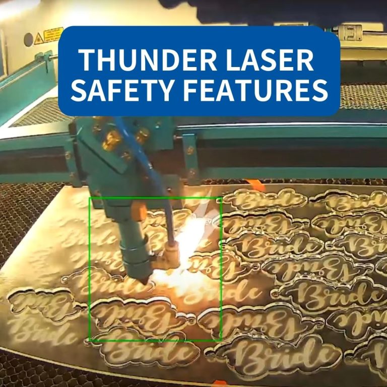 blog cover image:THUNDER LASER SAFETY FEATURES. shows the inside of a Thunder laser machine bed with acrylic plastic on fire