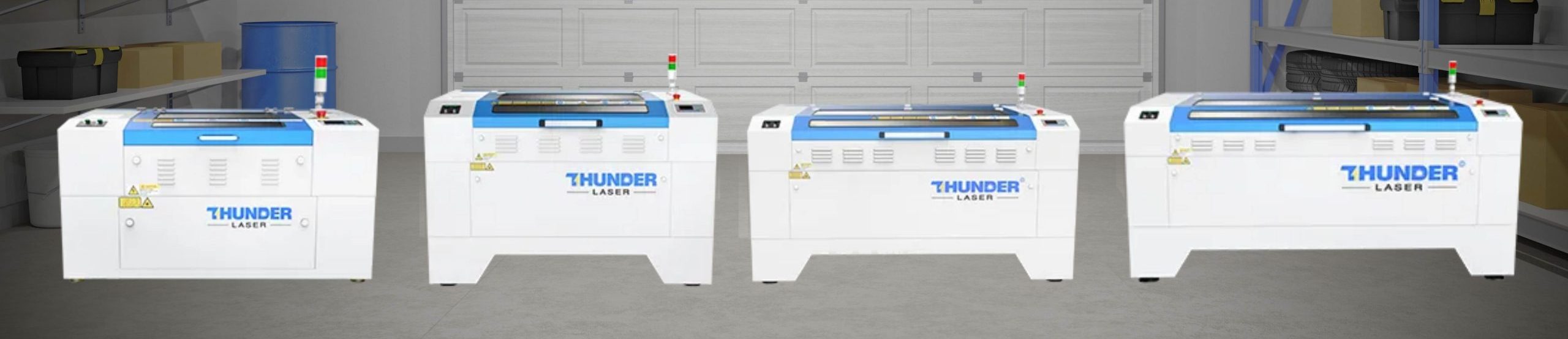 4 nova series thunder laser machines with a stock image of agarage in the background. overlaid are the words preparing your workspace for your nova machie