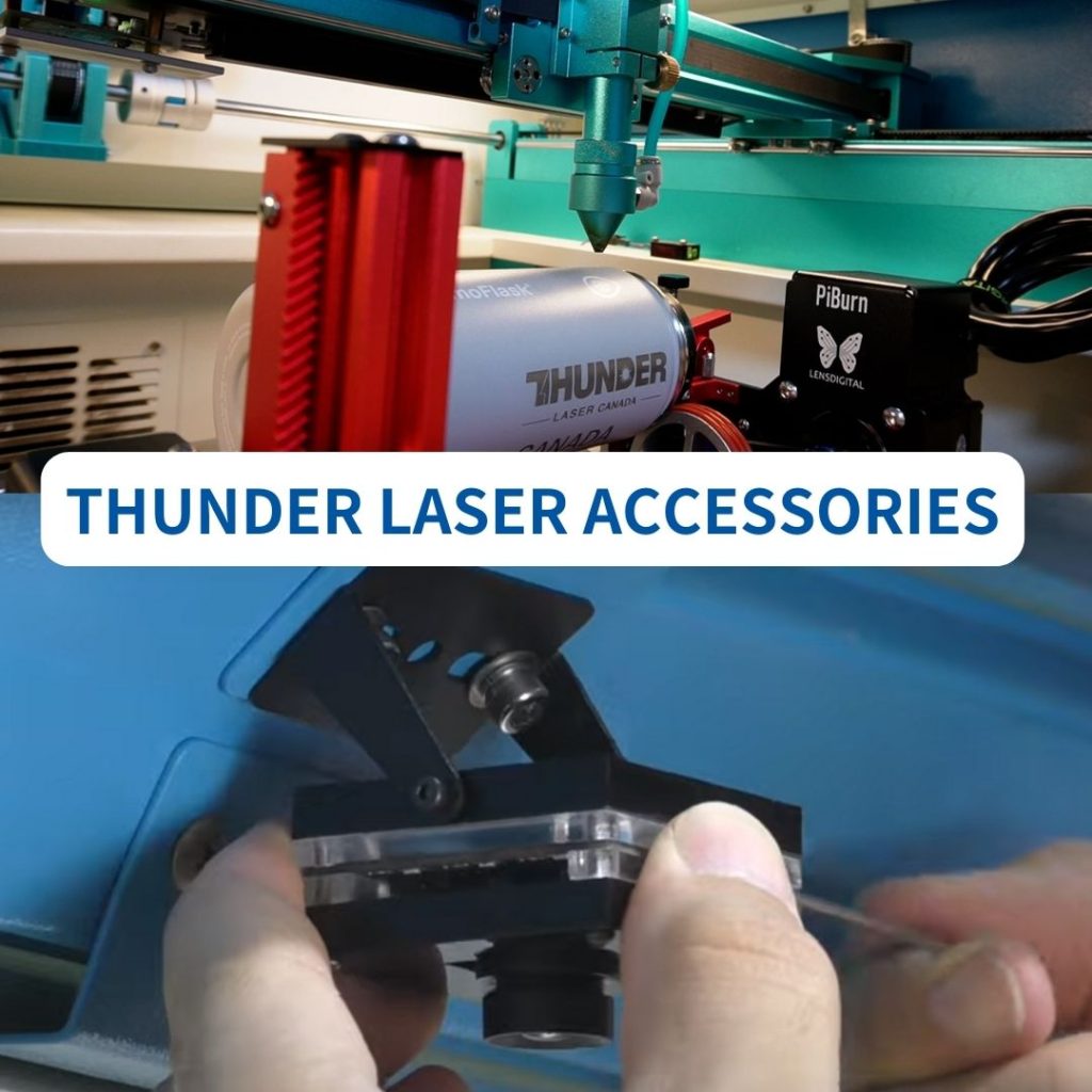 THUNDER LASER ACCESSORIES blog cover images: rotary inside a thunder laser machine bed and a close up of a hand adjusting a camera on the inside lid of a thunder laser machine