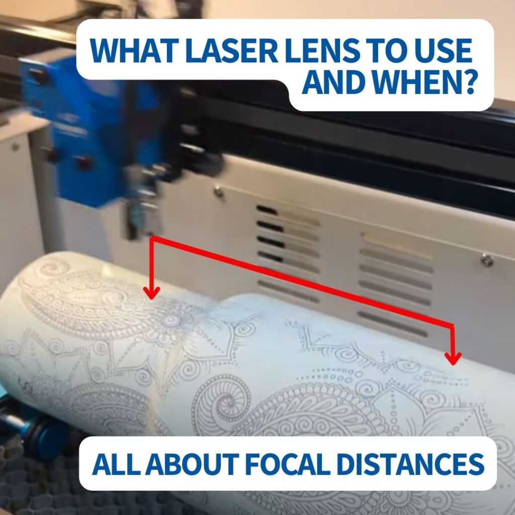 blog cover square: words what laser lens to use when all about focal distance. image of a water bottle inside the bed of a laser