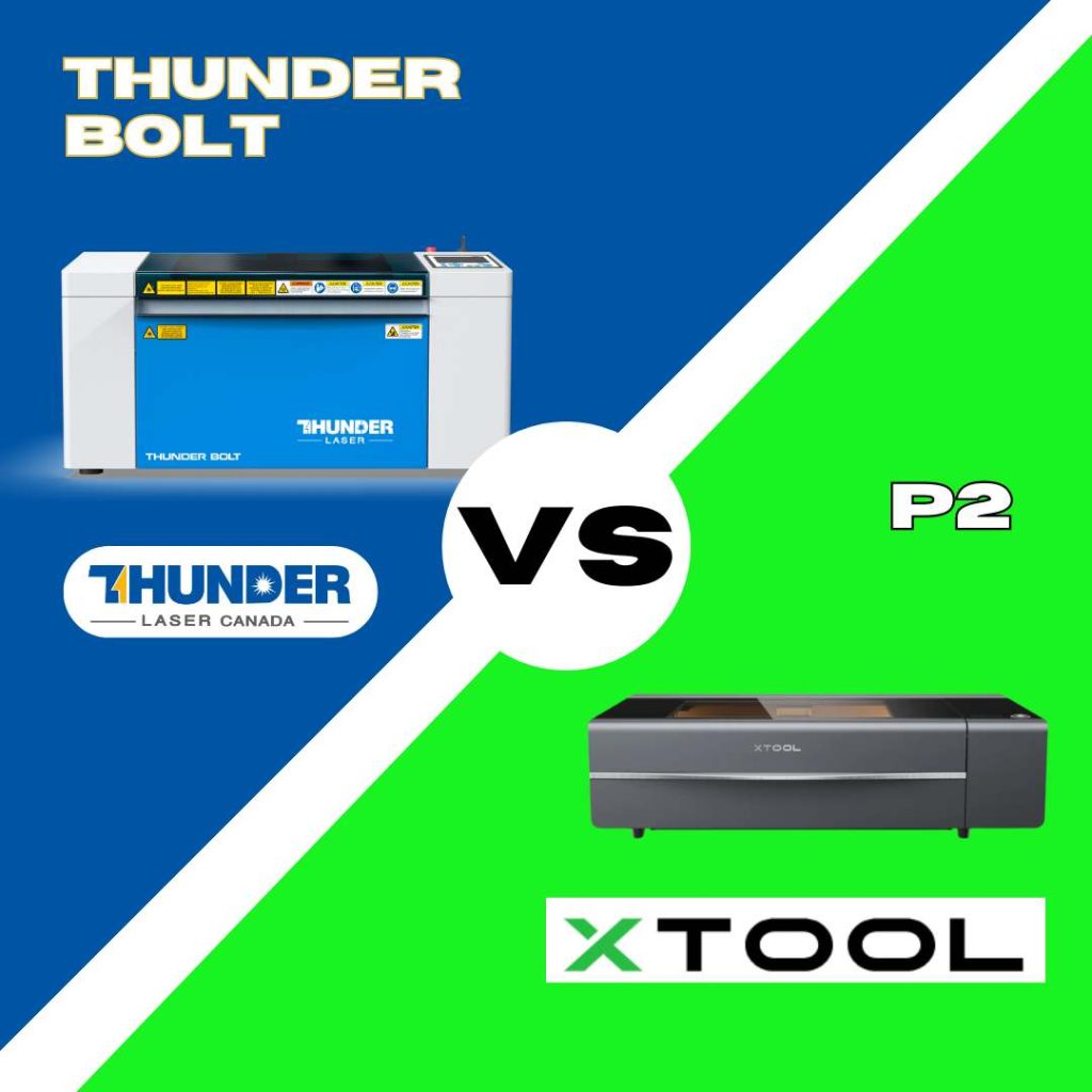 thunder bolt vs xTool p2 comparison article. image with both machines with blue on one side and green on the other with vs between the2 machines