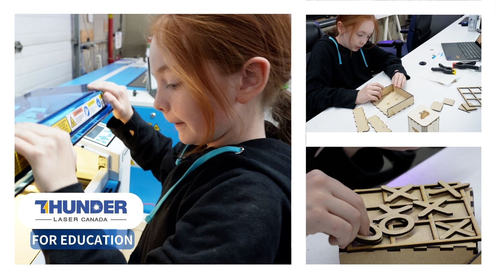 young boy white red hair opening the lid of a thunder laser. right: boy assembles laser cut wood pieces. right bottom: tic tac toe in a box