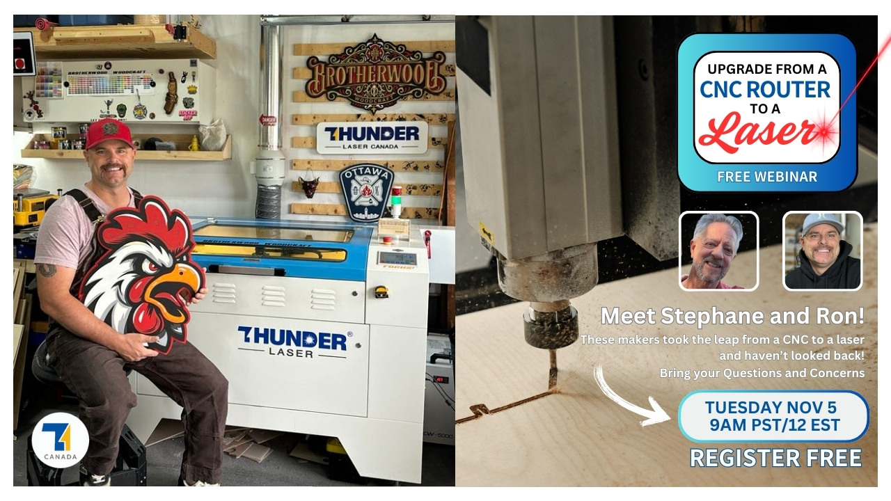 webinar banner: upgrade from a cnc router to a laser. image of a routter on thr right close up and on left Stephane chasles of Brotherwood holding a wooden right infront of his Thunder Laser machine