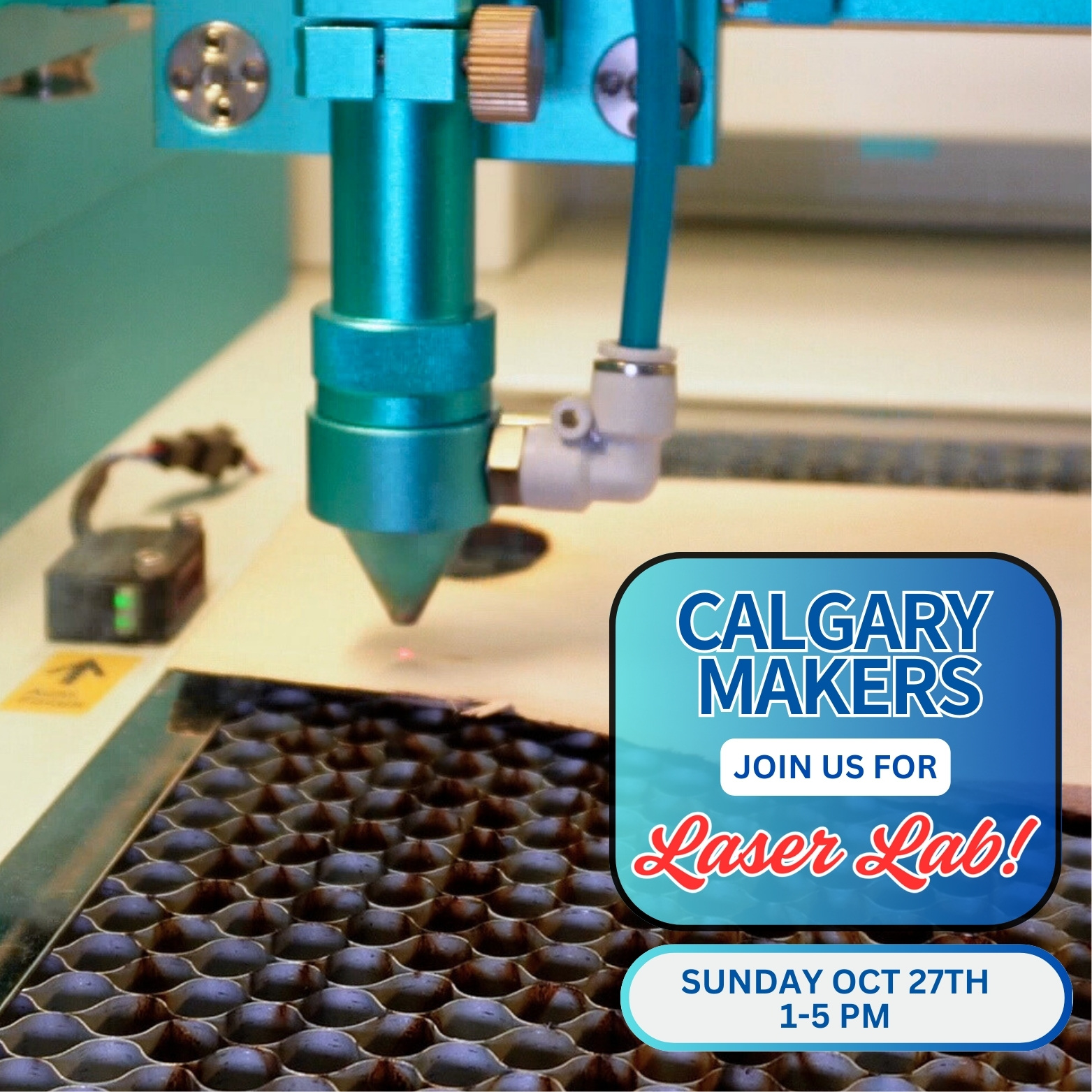 calgary makers join us for Laser Lab Oct 27 2024 Drop 1-5pm image: close up of a blue metal laser nozzle in the bed