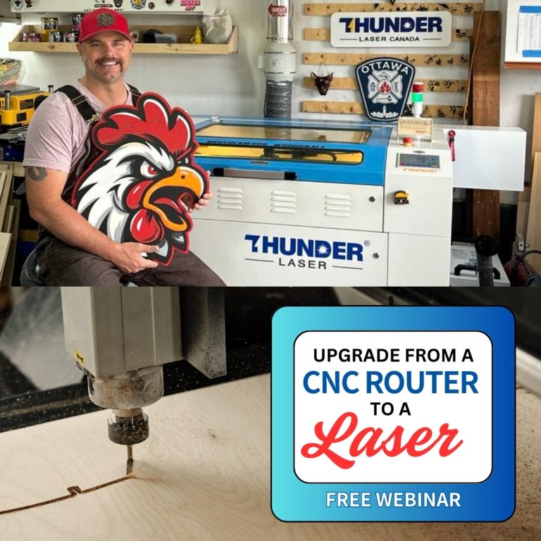 sq banner webinar Upgrade from a CNC router to a laser. top: Stephane chasles a light kinned man with a moustache wearing a red hat and overalls holds a wood sign of a chicken sitting infront of a thunder laser laser cutter. bottom: a close up of a router