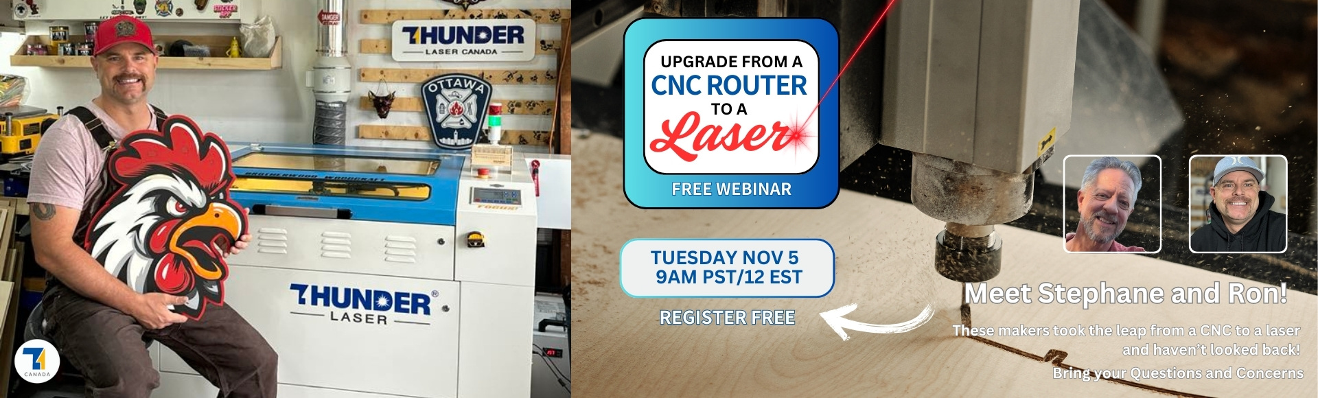 banner webinar Upgrade from a CNC router to a laser. top: Stephane chasles a light kinned man with a moustache wearing a red hat and overalls holds a wood sign of a chicken sitting infront of a thunder laser laser cutter. bottom: a close up of a router