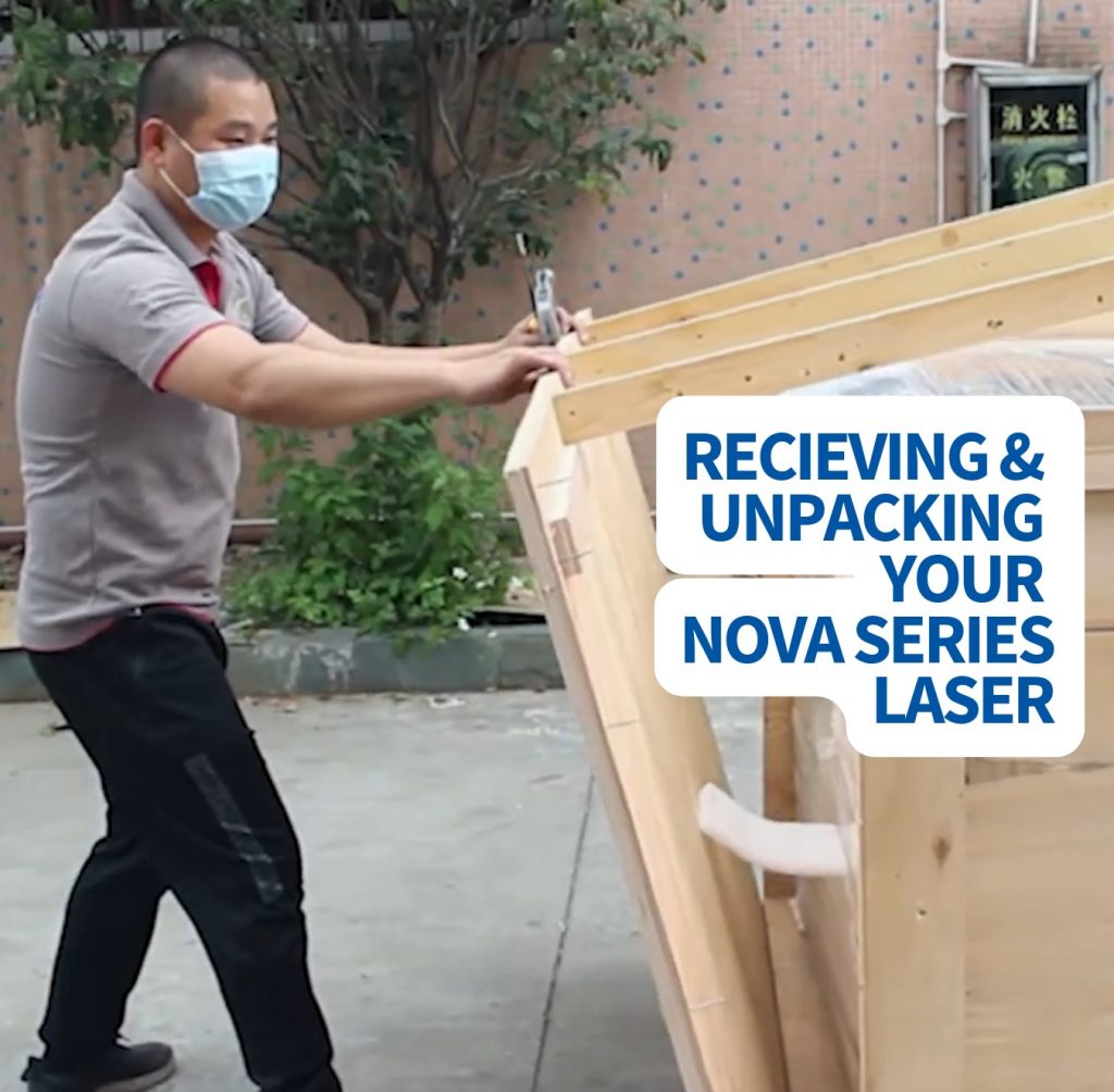 sq banner blog cover recieving and unpacking your nova series laser. a man opening a wood crate