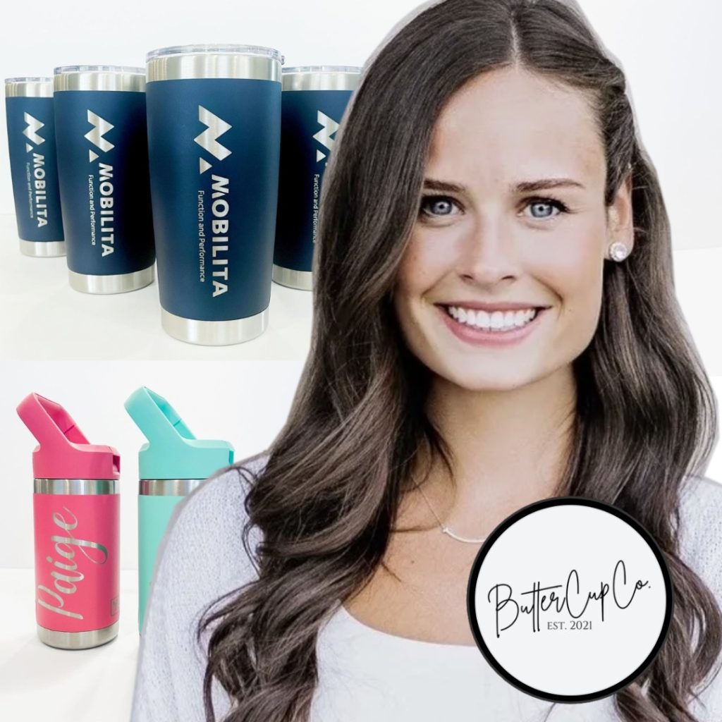 Danielle ayoung woman with light skin and wavy brown hair is smiling there are a group pf dark blue tumbler water bottles and a pink and light blue engraved water bottle behind her image. in the bottom right is the a Buttercup co logo