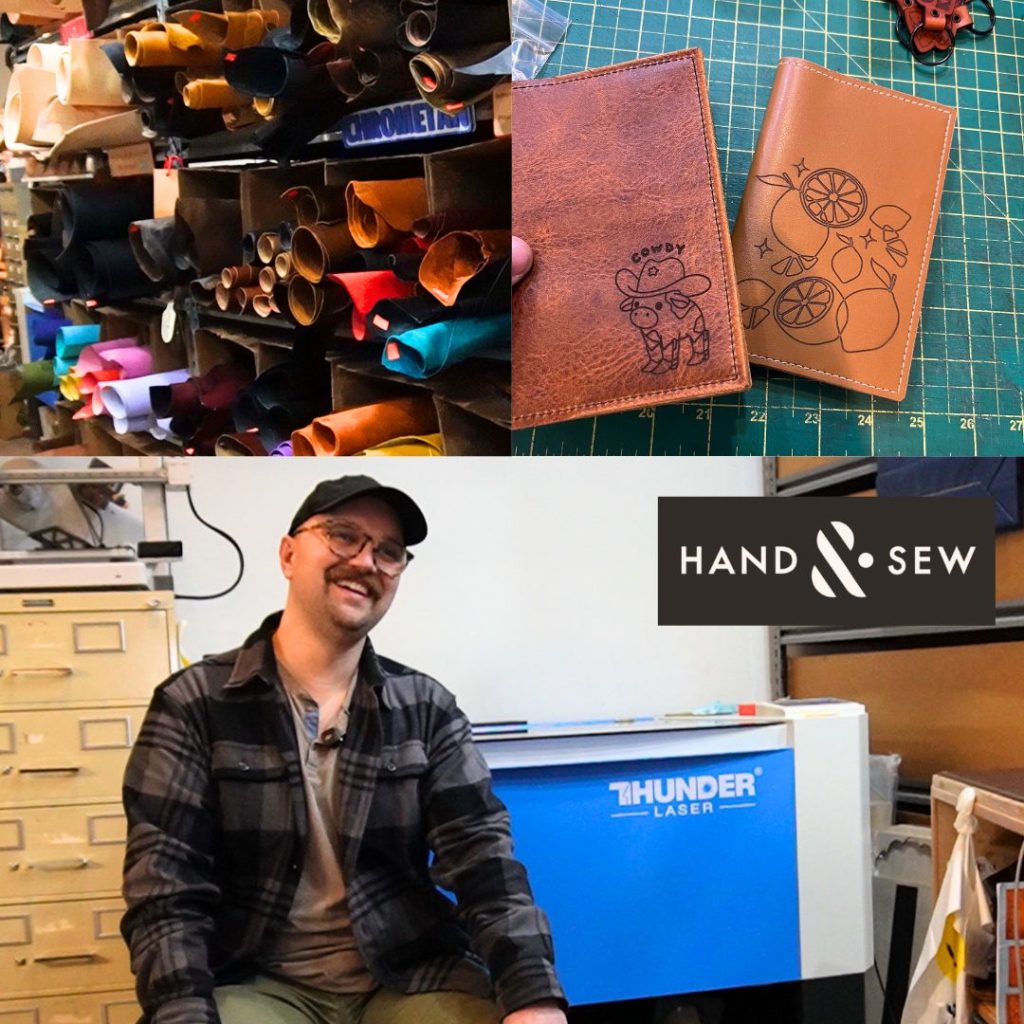 A man wearing a baseball hat and glasses sitting infront of a blue Thunder Laser Bolt Pro 32 machine. Top left are shelves with rolls of colorful leather. Top right is laser engraved wallets